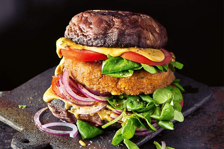 Foto von Portobello Burger mit Linsen-Patty